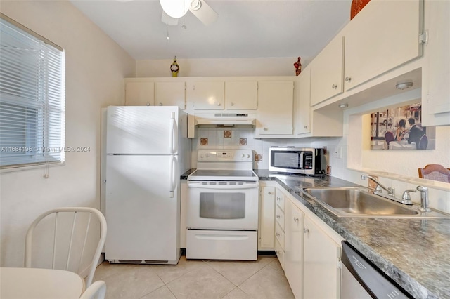 kitchen with stainless steel appliances, sink, tasteful backsplash, light tile patterned floors, and ceiling fan