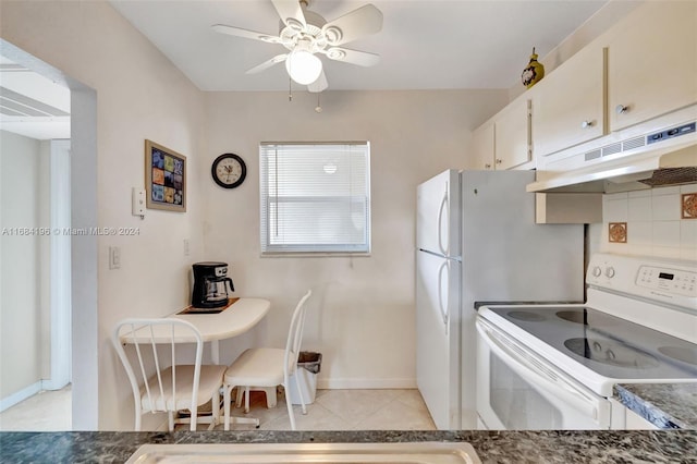 kitchen featuring white range with electric cooktop, ceiling fan, backsplash, and light tile patterned floors