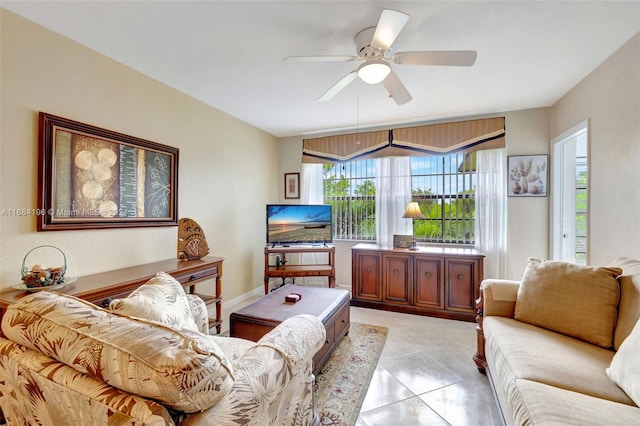 living room featuring ceiling fan