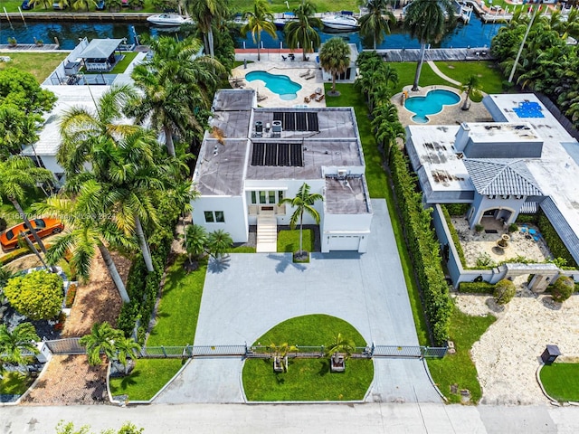 drone / aerial view featuring a water view