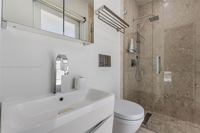 bathroom with vanity, toilet, and a shower with shower door