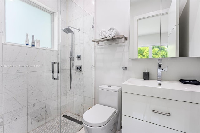 bathroom with vanity, toilet, and a shower with shower door