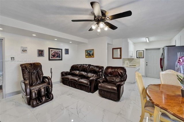 living room featuring ceiling fan