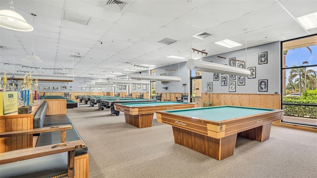 recreation room with a drop ceiling, pool table, and light colored carpet