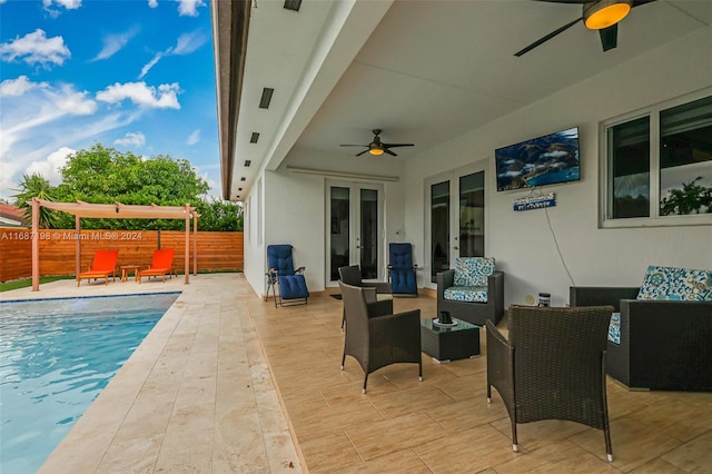 view of patio with a fenced in pool, an outdoor hangout area, french doors, and ceiling fan