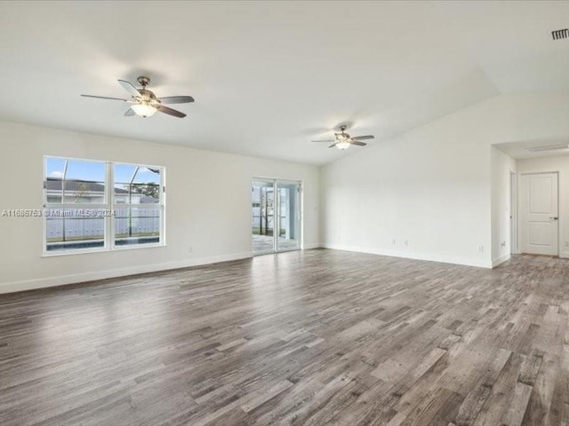 unfurnished living room featuring ceiling fan, hardwood / wood-style flooring, and lofted ceiling