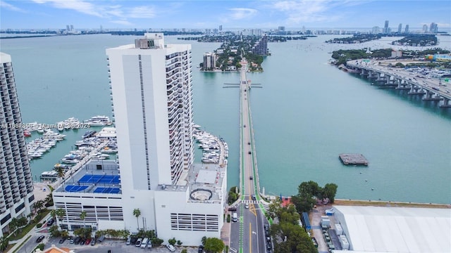 bird's eye view with a water view