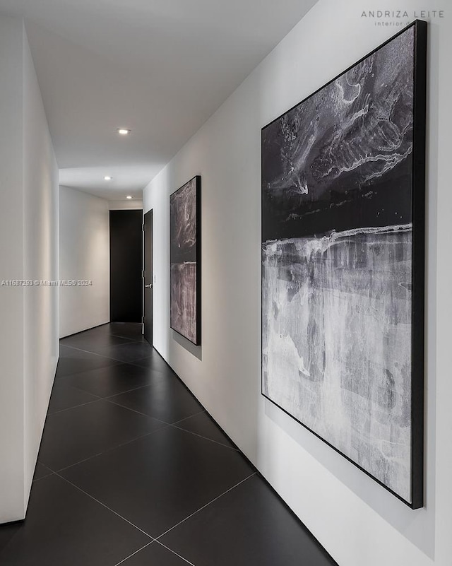 hall featuring dark tile patterned floors