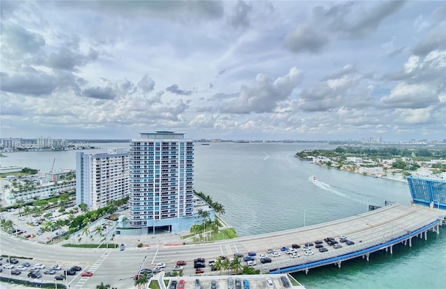 aerial view featuring a water view