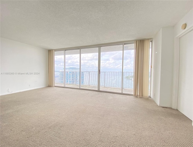 carpeted spare room featuring a wall of windows and a textured ceiling