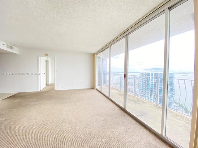 carpeted empty room with expansive windows and a textured ceiling