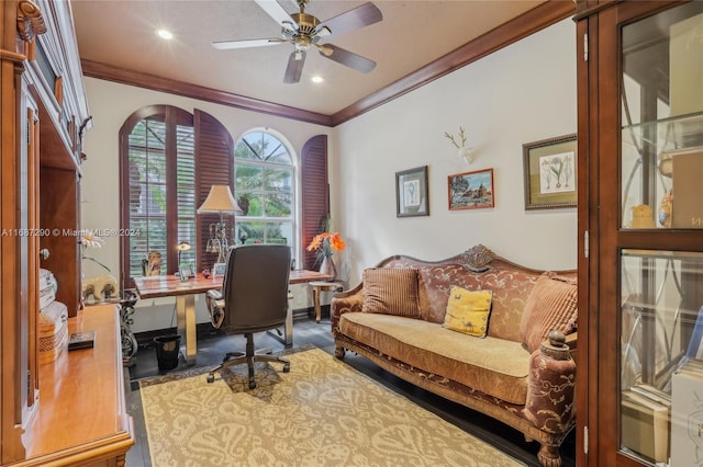 office area featuring ornamental molding, wood-type flooring, and ceiling fan