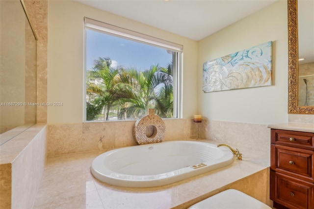 bathroom with vanity and plus walk in shower