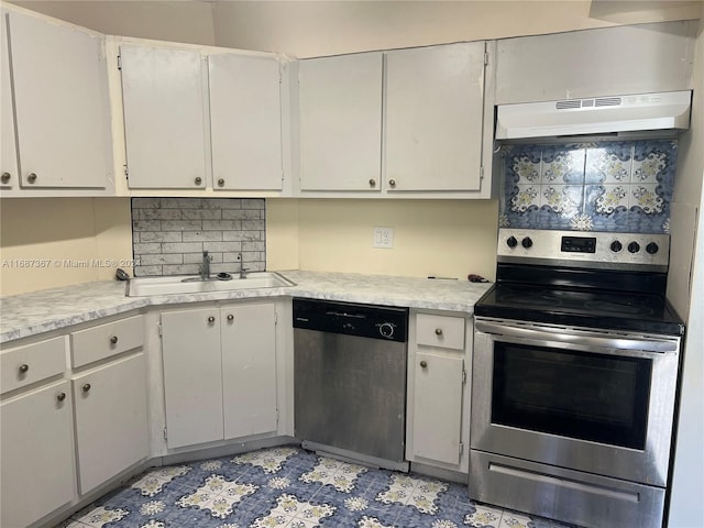 kitchen featuring sink, stainless steel appliances, tasteful backsplash, and exhaust hood