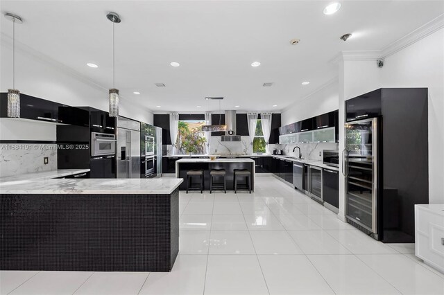 kitchen featuring beverage cooler, stainless steel appliances, a breakfast bar, a kitchen island, and open shelves