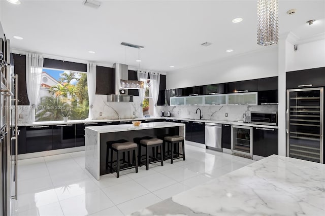 kitchen featuring appliances with stainless steel finishes, a center island, beverage cooler, and open shelves