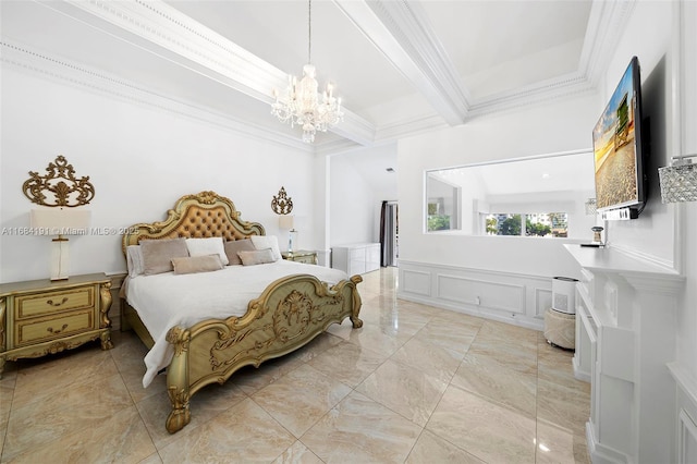 bedroom with wainscoting, ornamental molding, beamed ceiling, an inviting chandelier, and a decorative wall