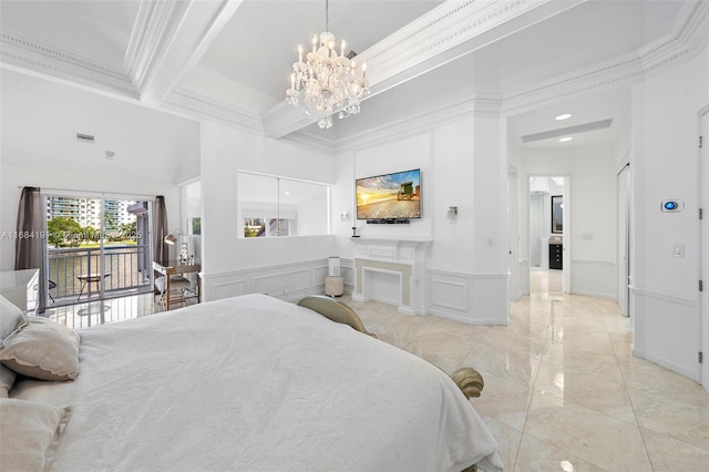 bedroom with a wainscoted wall, ornamental molding, access to outside, a decorative wall, and beam ceiling