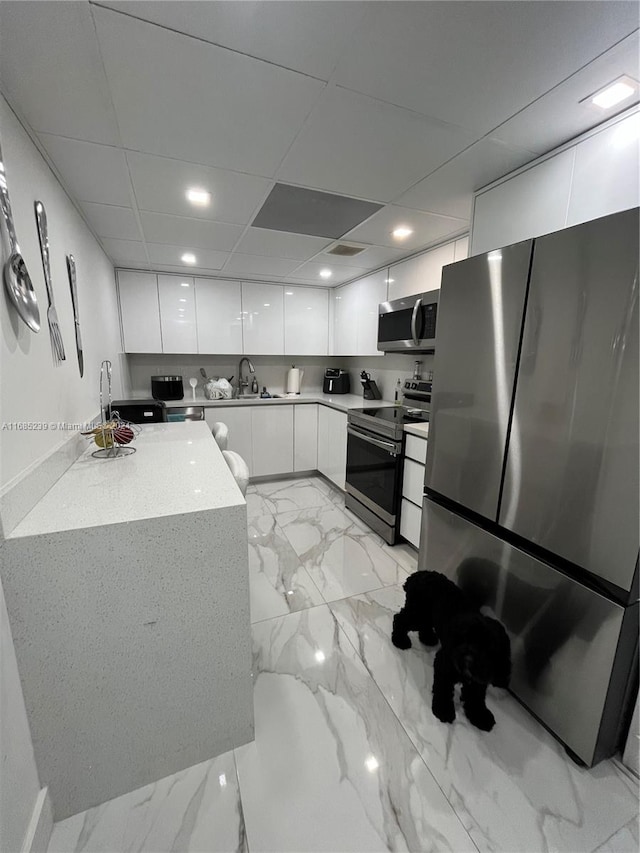 kitchen with stainless steel appliances, sink, a drop ceiling, and white cabinets