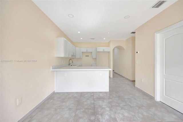 kitchen with white cabinetry, sink, and kitchen peninsula