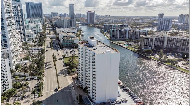 bird's eye view with a water view