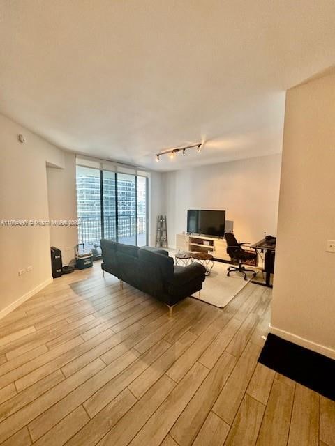 living room with track lighting, light hardwood / wood-style flooring, and a wall of windows