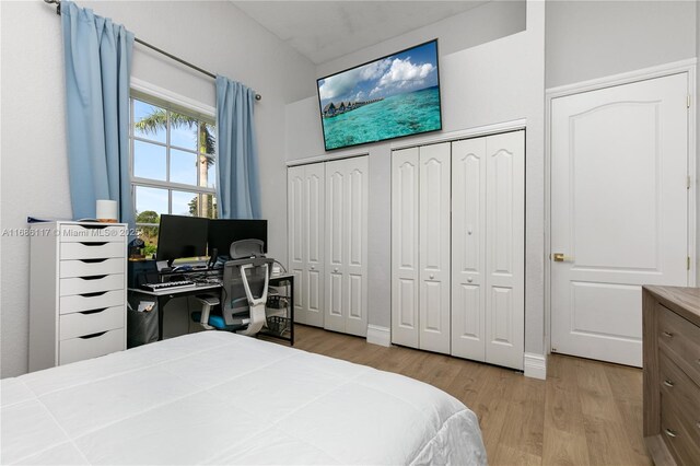 bedroom featuring light wood-type flooring and two closets