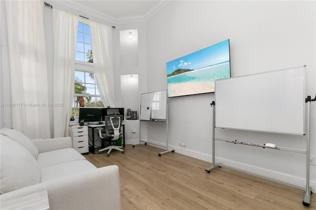 office featuring ornamental molding, wood finished floors, a high ceiling, and baseboards