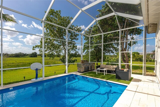 outdoor pool featuring a patio, a lawn, grilling area, glass enclosure, and an outdoor living space