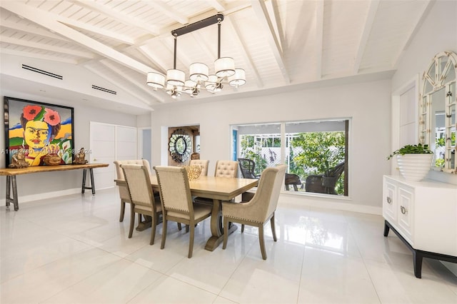 dining room with lofted ceiling with beams, light tile patterned flooring, a notable chandelier, and wood ceiling