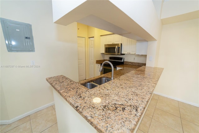 kitchen with appliances with stainless steel finishes, kitchen peninsula, electric panel, and sink