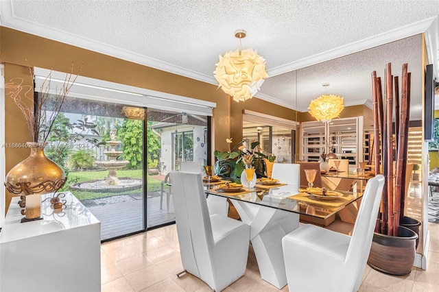 tiled dining area with crown molding, a textured ceiling, and a chandelier