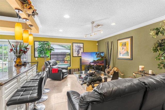 tiled living room featuring crown molding and a textured ceiling