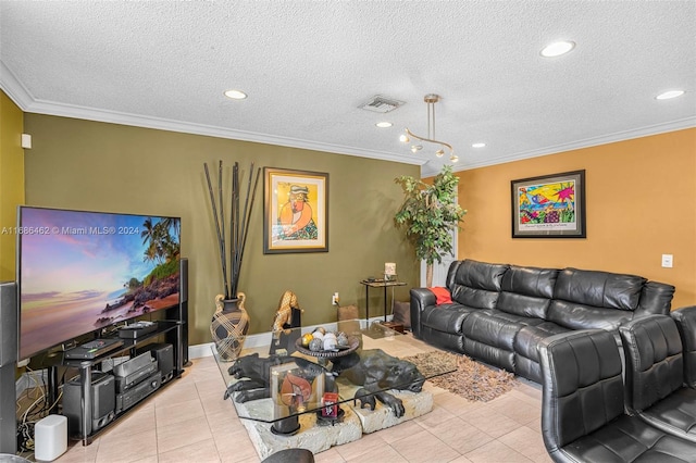 living room featuring crown molding, a textured ceiling, and light tile patterned flooring