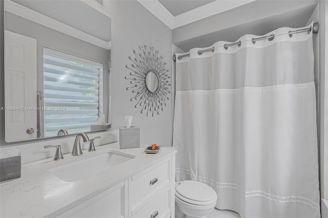 bathroom with vanity, toilet, crown molding, and a shower with curtain