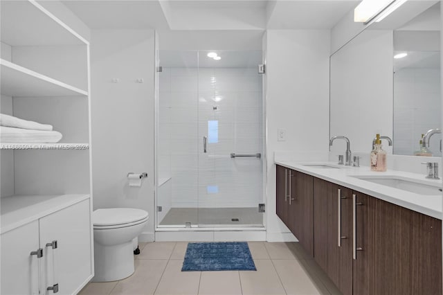 bathroom with tile patterned flooring, vanity, toilet, and a shower with door