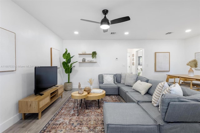 living room with hardwood / wood-style floors and ceiling fan