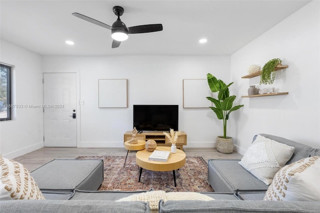 living room featuring ceiling fan and light hardwood / wood-style flooring