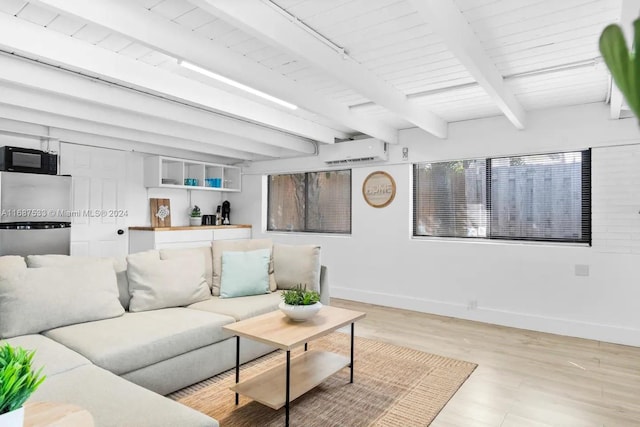 living room with beamed ceiling, a wall mounted AC, wood ceiling, and wood-type flooring