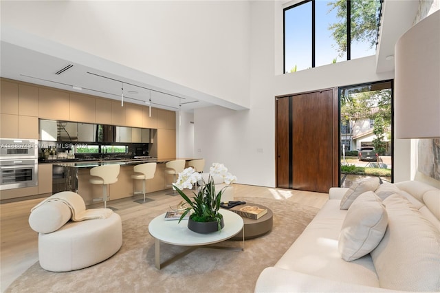 living room with light hardwood / wood-style flooring, track lighting, and a high ceiling