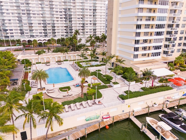 view of swimming pool with a water view and a patio