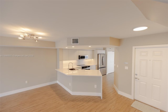 kitchen with a peninsula, a sink, white cabinetry, light countertops, and appliances with stainless steel finishes