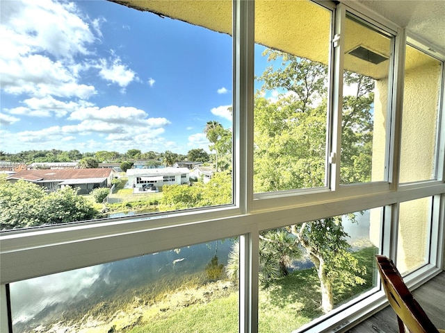 interior space with a water view