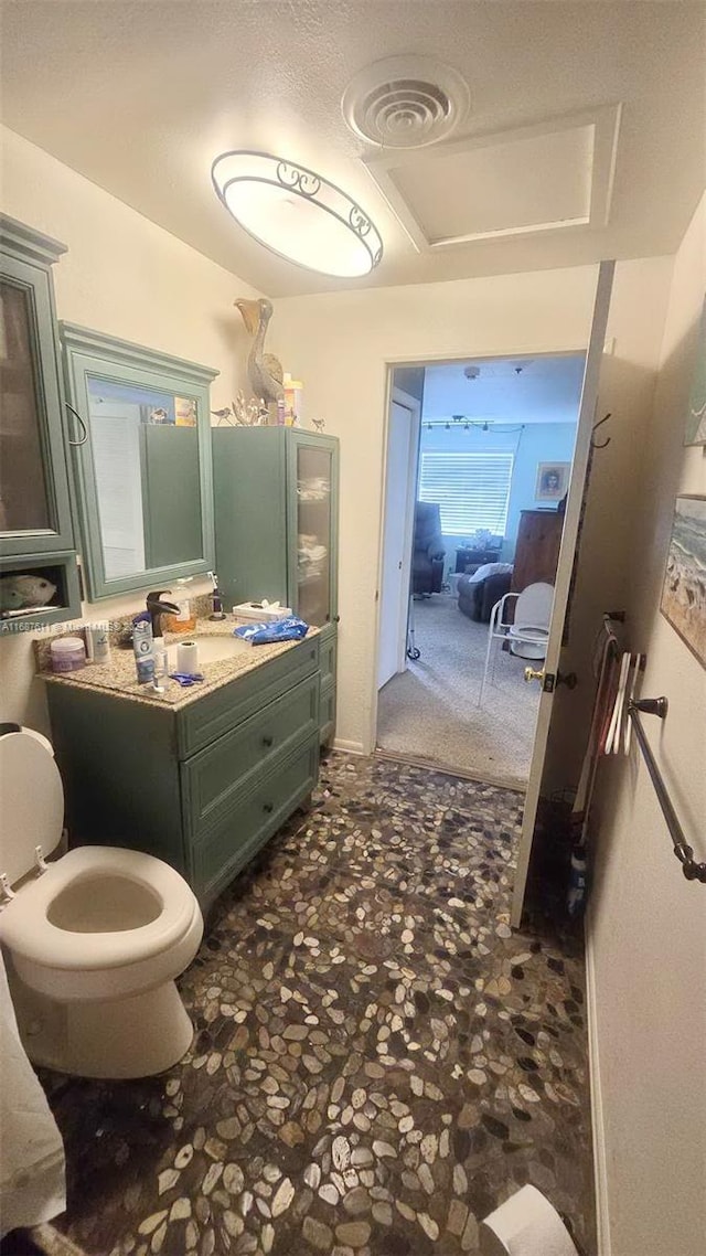bathroom featuring vanity, stone finish floors, and toilet