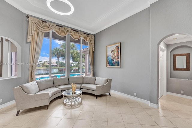 tiled living room with crown molding