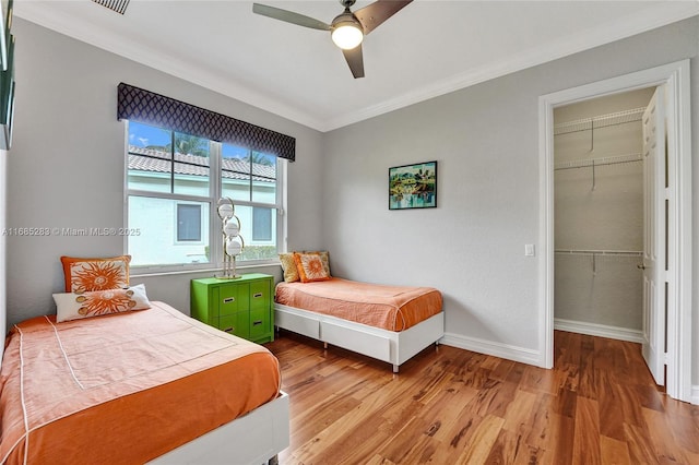 bedroom with crown molding, a walk in closet, light wood-type flooring, a closet, and ceiling fan