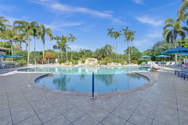 view of swimming pool with a patio