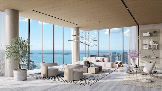 sunroom / solarium featuring a water view and wood ceiling