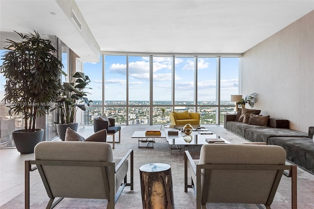 living room featuring a wall of windows and a healthy amount of sunlight