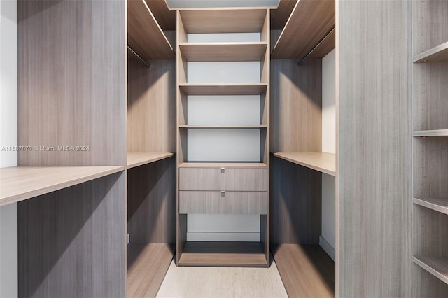 walk in closet with light hardwood / wood-style flooring